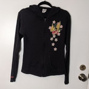 Trigger Finger Lucky 13 Zip Hoodie Pin Up Rockabilly Juniors Large Winged Cherry